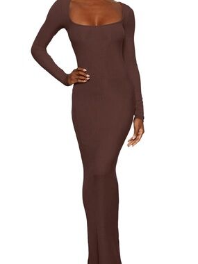 SKIMS- ribbed Long Sleeve Scoop Neck Bodycon Dress - Chocolate Brown